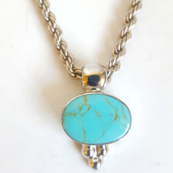 Sterling Silver Gold Matrix Turquoise Pendant & Rope Chain 💎 ATI Mexico MCM - Picture 1 of 15